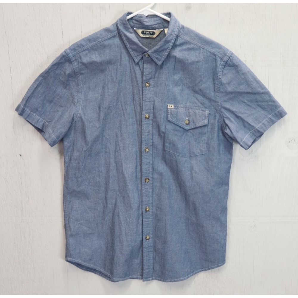 Mens Salt Valley Western Button Up Shirt Size M Blue Chambray Cotton
